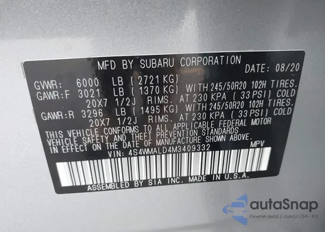 2021 Subaru Ascent Limited z USA, uszkodzony, nr VIN 4S4WMALD4M3409332